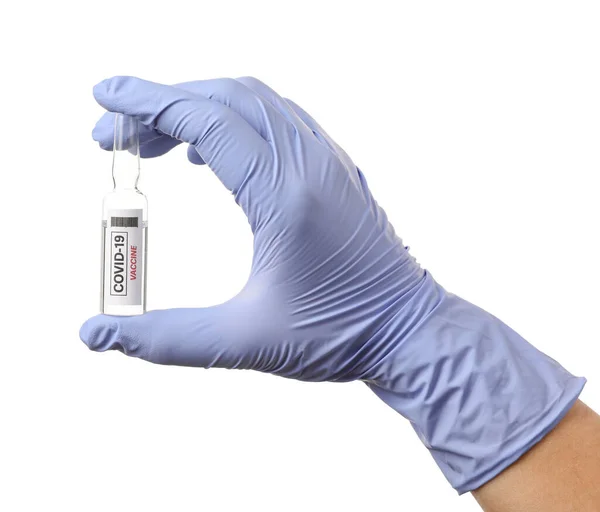 Arzthand Mit Impfstoff Gegen Covid Auf Weißem Hintergrund — Stockfoto