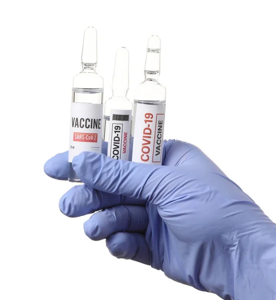 Lékařská Ruka Vakcínami Pro Imunizaci Proti Covid Bílém Pozadí — Stock fotografie