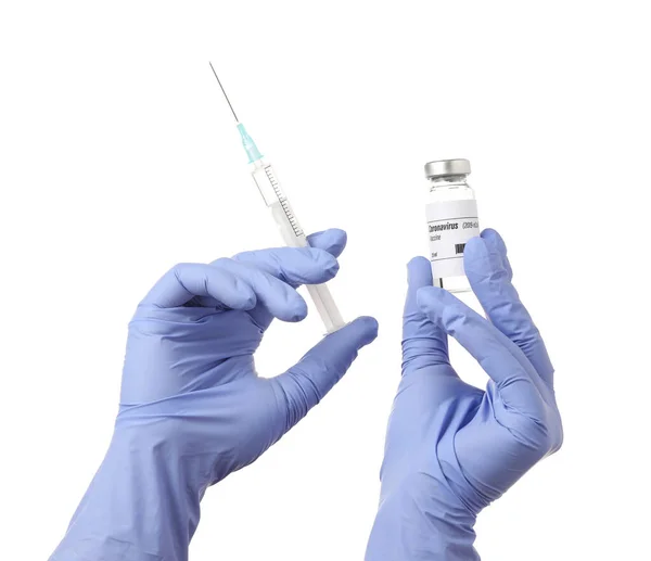 배경에 Covid 면역을 백신과 주사기를 의사의 — 스톡 사진