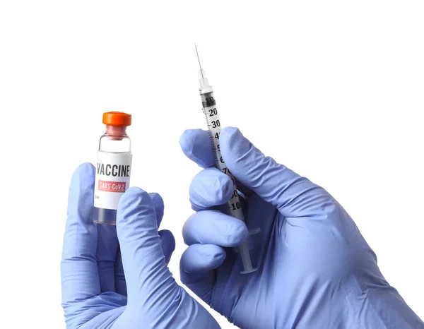 Mani Del Medico Con Siringa Vaccino Immunizzazione Contro Covid Sfondo — Foto Stock