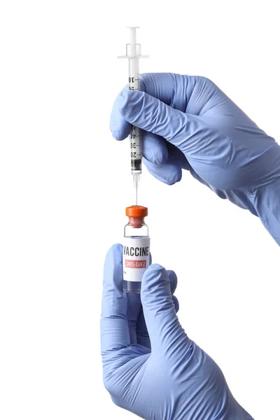 Doctor Hands Syringe Vaccine Immunization Covid White Background — Stock Photo, Image