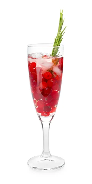 Glass Champagne Cocktail Cranberry Rosemary White Background — Stock Photo, Image