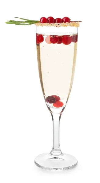 Glas Champagne Cocktail Med Tranebær Rosmarin Hvid Baggrund - Stock-foto