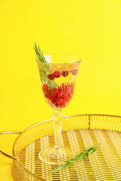 Glass Champagne Cocktail Cranberry Rosemary Color Background — Stock Photo, Image