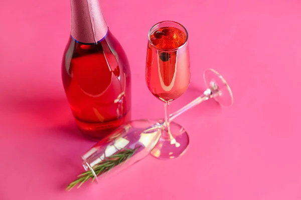 Bottle Champagne Cocktail Cranberry Rosemary Glass Color Background — Stock Photo, Image