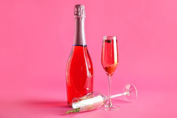 Bottle Champagne Cocktail Cranberry Rosemary Glass Color Background — Stock Photo, Image