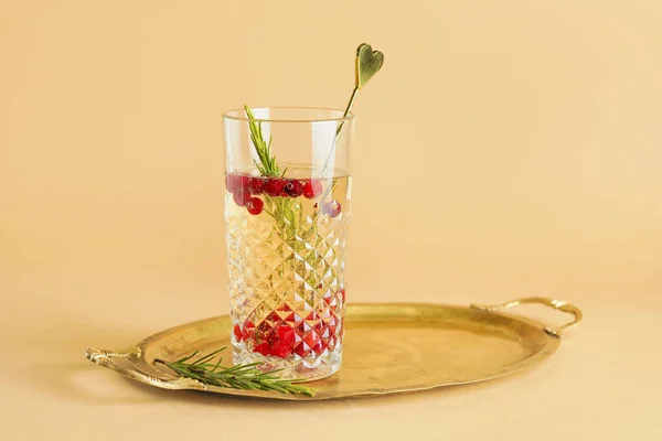 Glass Champagne Cocktail Cranberry Rosemary Color Background — Stock Photo, Image
