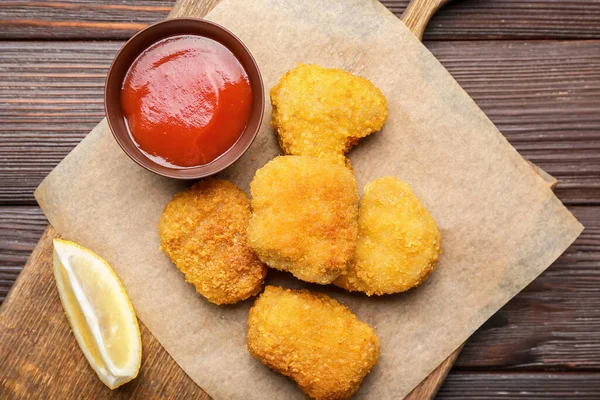 Tasty Nuggets Ketchup Wooden Background — Stock Photo, Image