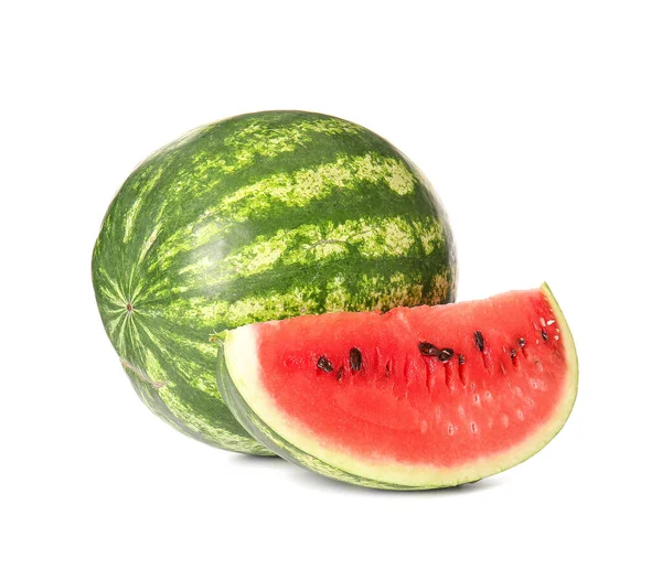 Reife Wassermelone Mit Scheibe Isoliert Auf Weißem Hintergrund — Stockfoto