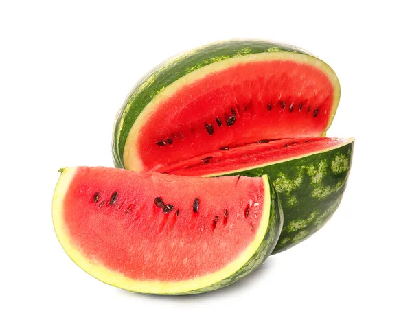 Rijpe Watermeloen Met Plak Geïsoleerd Witte Achtergrond — Stockfoto