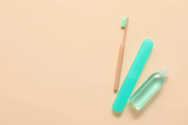 Toothbrush Case Mouth Rinse Color Background — Stock Photo, Image