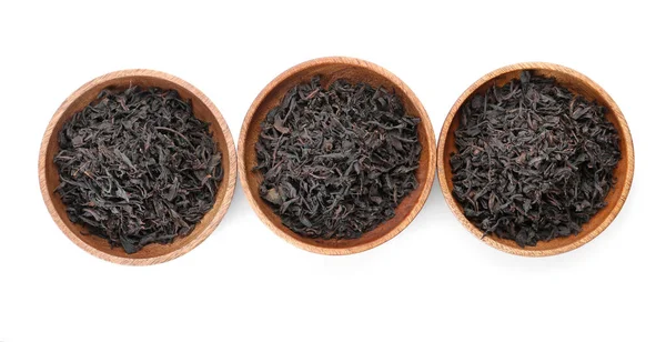 Dry Black Tea Leaves Bowls White Background — Stock Photo, Image
