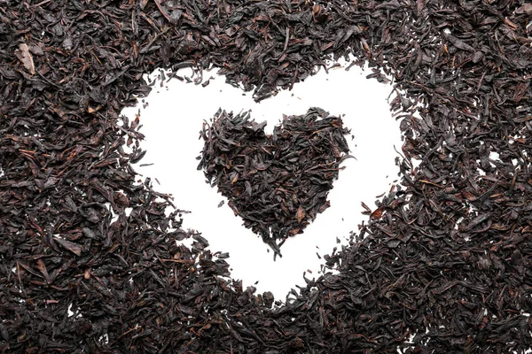 Heart Shape Made Dry Black Tea Leaves Light Background — Stock Photo, Image