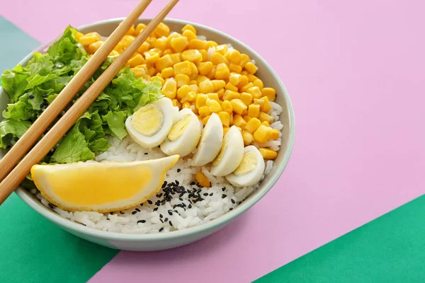 Bowl Tasty Rice Eggs Vegetables Color Background — Stock Photo, Image