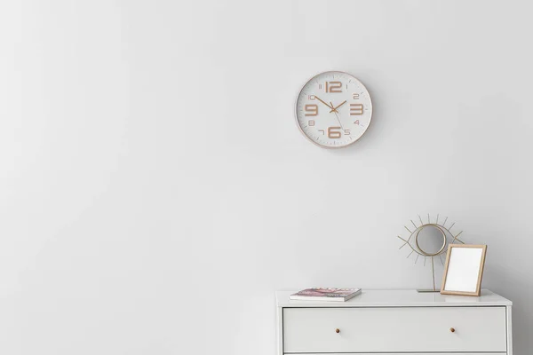 Blank Photo Frame Mirror Magazine Table Light Wall Clock Room — Stock Photo, Image