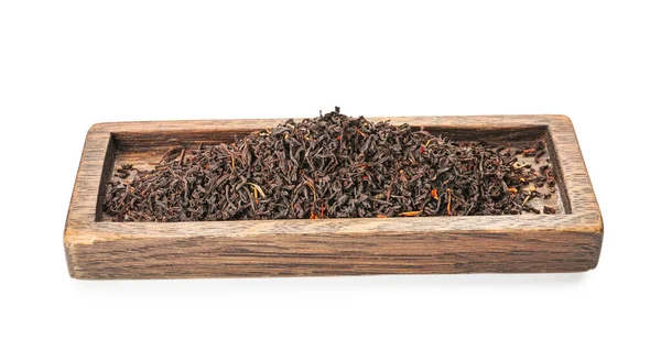 Сухой Черный Чай Листья Коробке Белом Фоне — стоковое фото