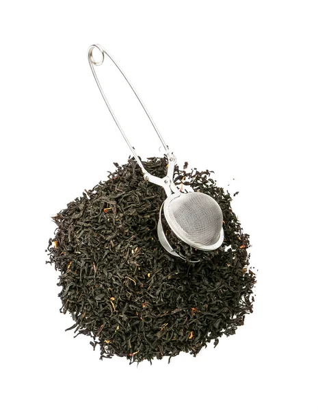 Heap Dry Black Tea Leaves Infuser White Background — Stock Photo, Image