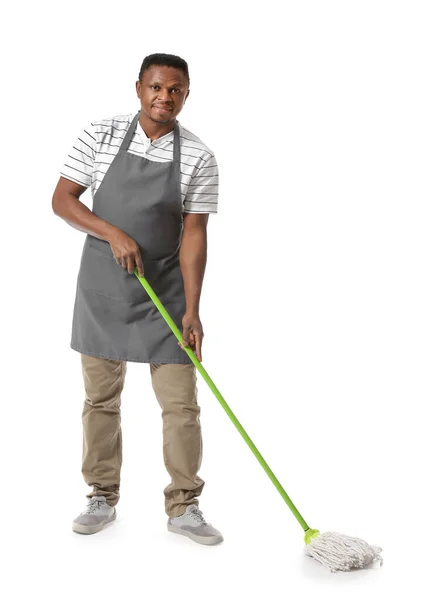 African American Man Mop White Background — Stock Photo, Image