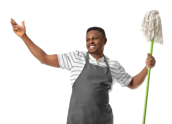 Hombre Afroamericano Con Fregona Sobre Fondo Blanco —  Fotos de Stock