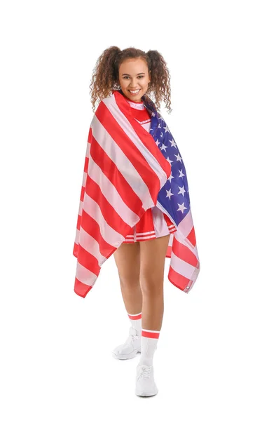 Mooie Jonge Cheerleader Met Usa Vlag Witte Achtergrond — Stockfoto