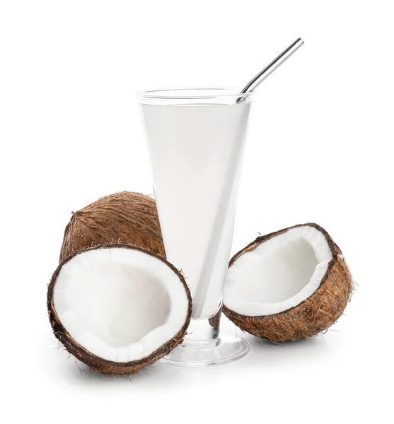 Glass Fresh Coconut Water White Background — Stock Photo, Image