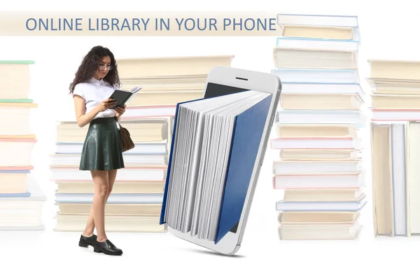Młoda Kobieta Książkami Telefonem Komórkowym Białym Tle Koncepcja Biblioteki Internetowej — Zdjęcie stockowe