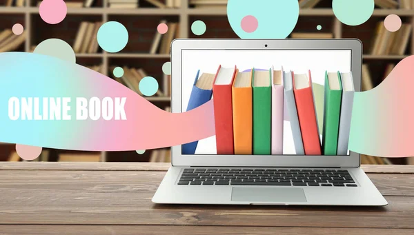 Moderne Laptop Met Boeken Tafel Concept Van Online Bibliotheek — Stockfoto