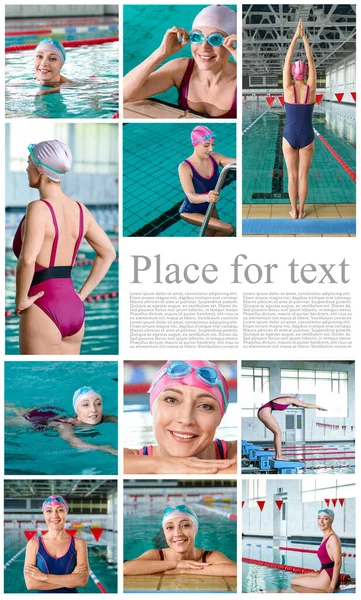 运动女子游泳运动员的拼贴 并附有文字 — 图库照片