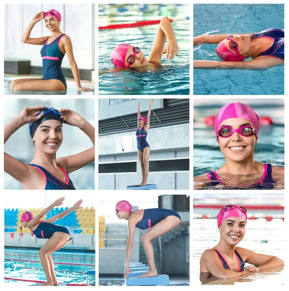 Collage of sporty female swimmer in pool