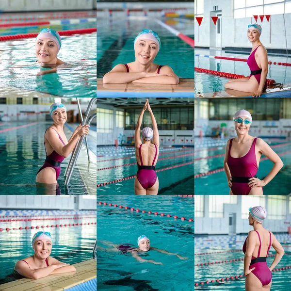 Collage of sporty female swimmer in pool
