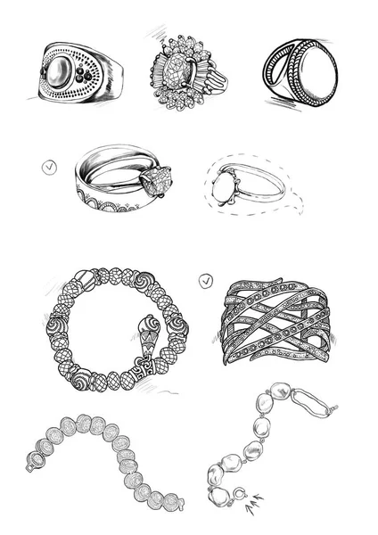 Skisser Vackra Smycken Vit Bakgrund — Stockfoto