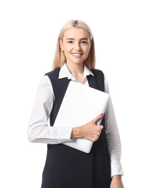 Beautiful Young Woman Laptop White Background — Stock Photo, Image