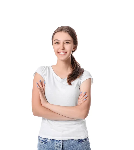 Mujer Joven Feliz Con Brazos Cruzados Sobre Fondo Blanco — Foto de Stock