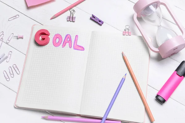 Notebook Word Goal Pencils Wooden Table — Stock Photo, Image