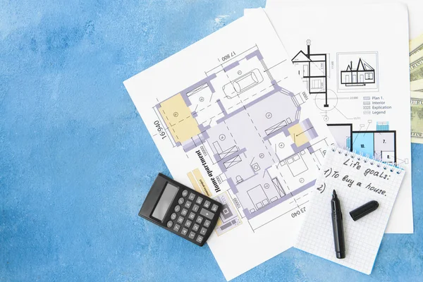 Calculadora Plano Casa Cuaderno Sobre Fondo Color — Foto de Stock