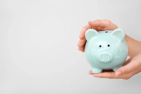 Female Hands Piggy Bank Light Background Money Savings Concept — Stock Photo, Image