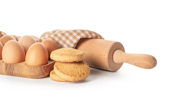 Cookies Eggs Rolling Pin White Background — Stock Photo, Image