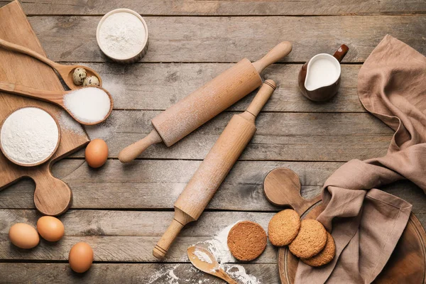 Ingredients Cookies Rolling Pins Wooden Background — Stock Photo, Image