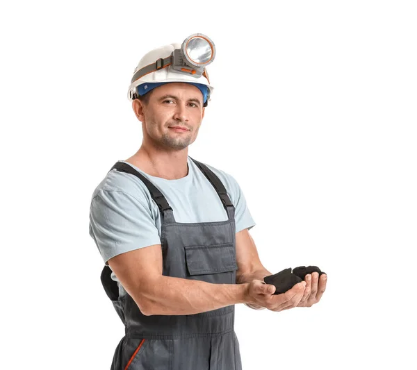 Hombre Minero Con Carbón Sobre Fondo Blanco —  Fotos de Stock