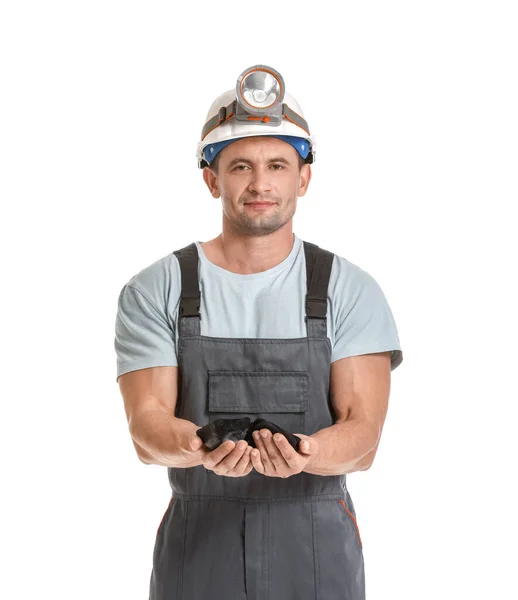 Mineiro Homem Com Carvão Sobre Fundo Branco — Fotografia de Stock