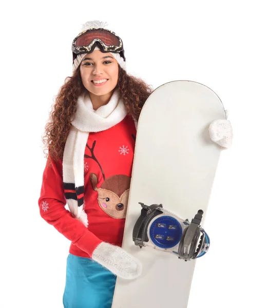 Snowboarder Femminile Sfondo Bianco — Foto Stock