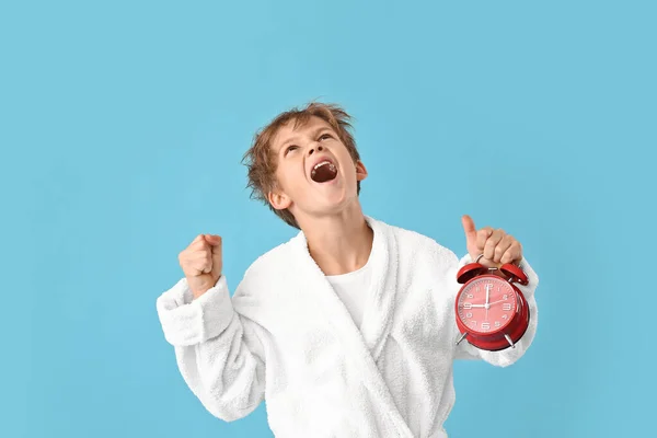 Emotional Little Boy Alarm Clock Color Background — Stock Photo, Image