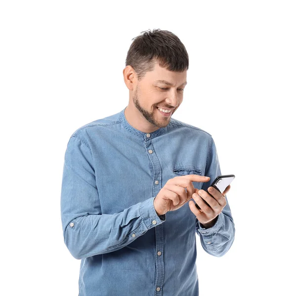 Homem Com Telefone Celular Fundo Branco — Fotografia de Stock