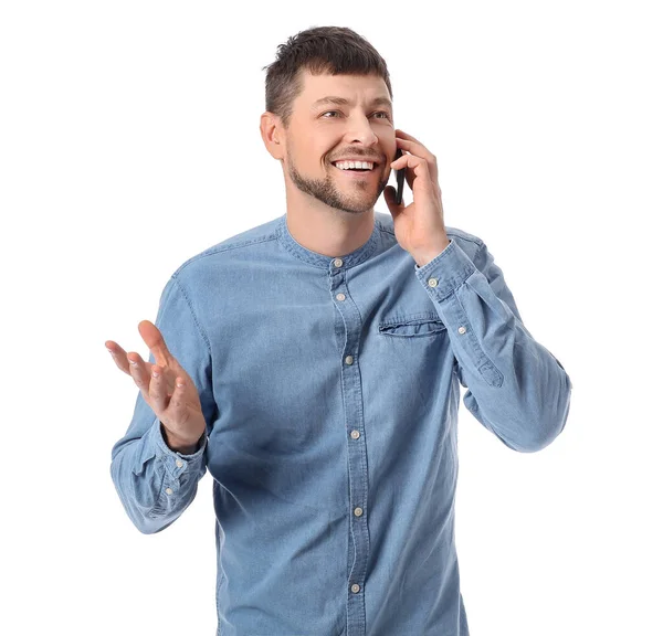 Άνθρωπος Μιλάει Από Κινητό Τηλέφωνο Λευκό Φόντο — Φωτογραφία Αρχείου
