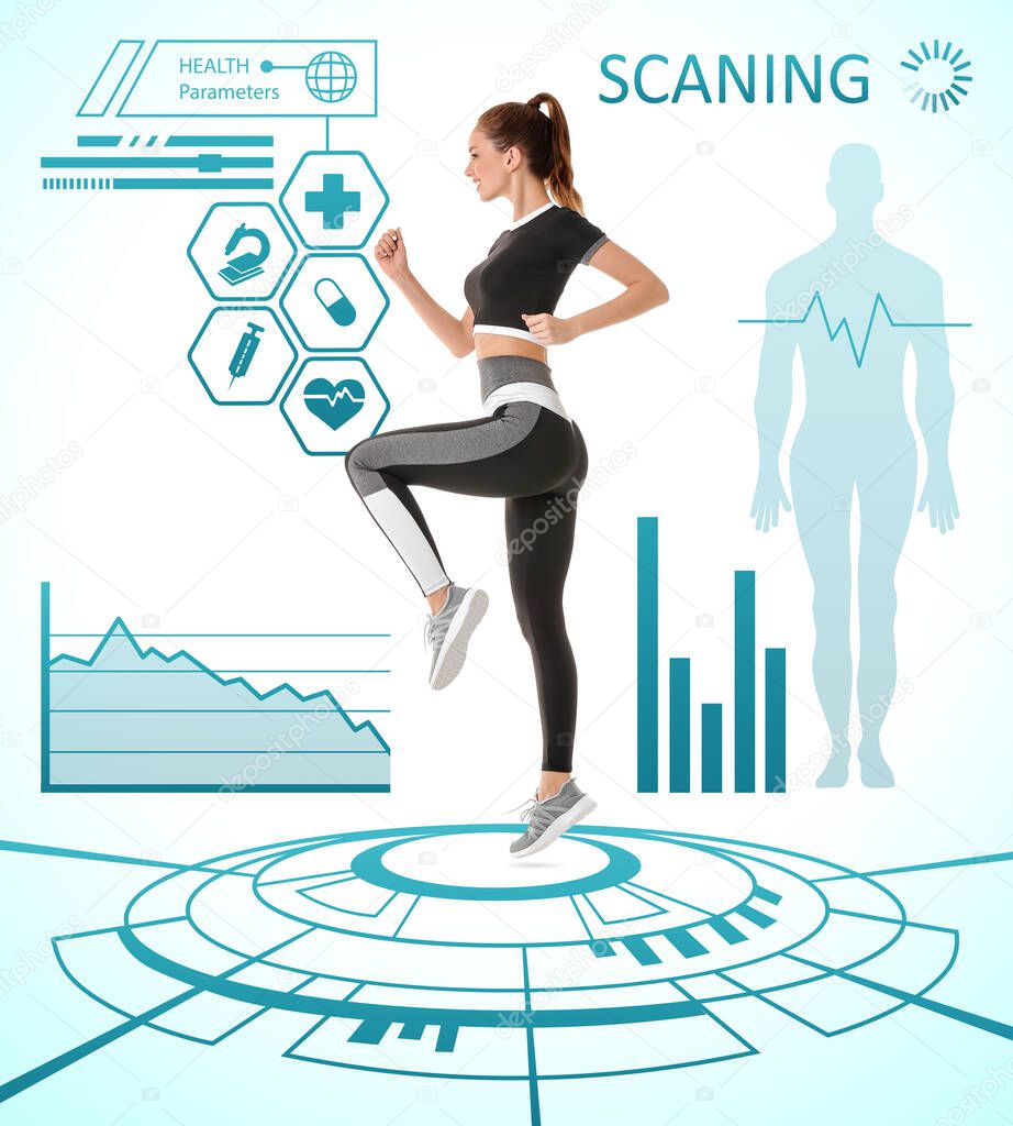 Sporty young woman undergoing whole body scanning against white background