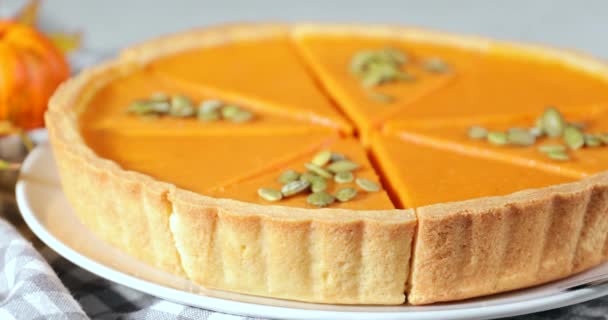 Taking Tasty Pumpkin Pie Slice Plate Closeup — Stock Video