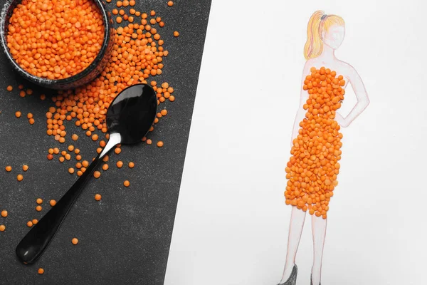 Drawn Woman Dress Made Lentils Seeds Dark Background — Stock Photo, Image