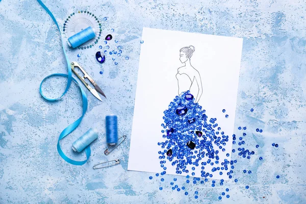 Drawn Woman Dress Made Blue Sequins Color Background — Stock Photo, Image