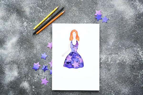 Drawn Woman Dress Made Stars Grunge Background — Stock Photo, Image