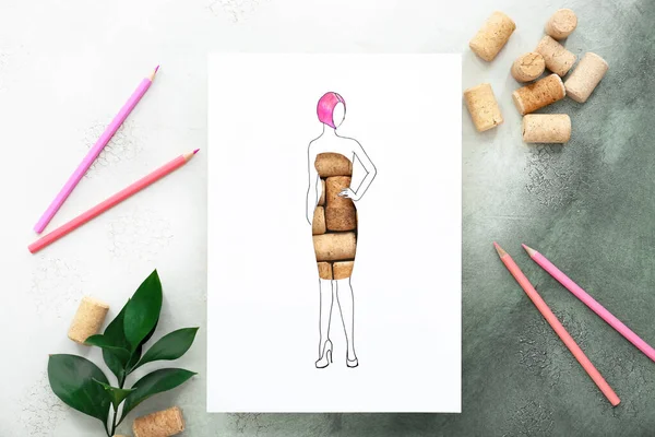 Drawn Woman Dress Made Wine Corks Grunge Background — Stock Photo, Image
